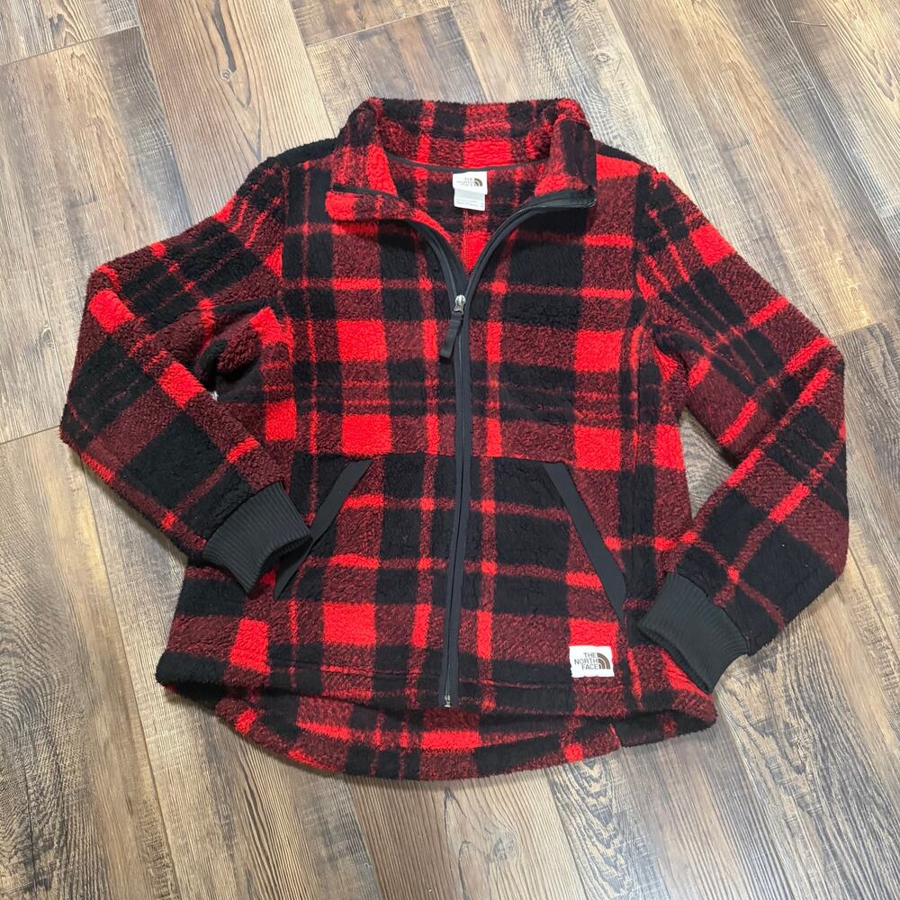 The North Face Campshire Sherpa Fleece Jacket Womens M Red Black Plaid Full Zip